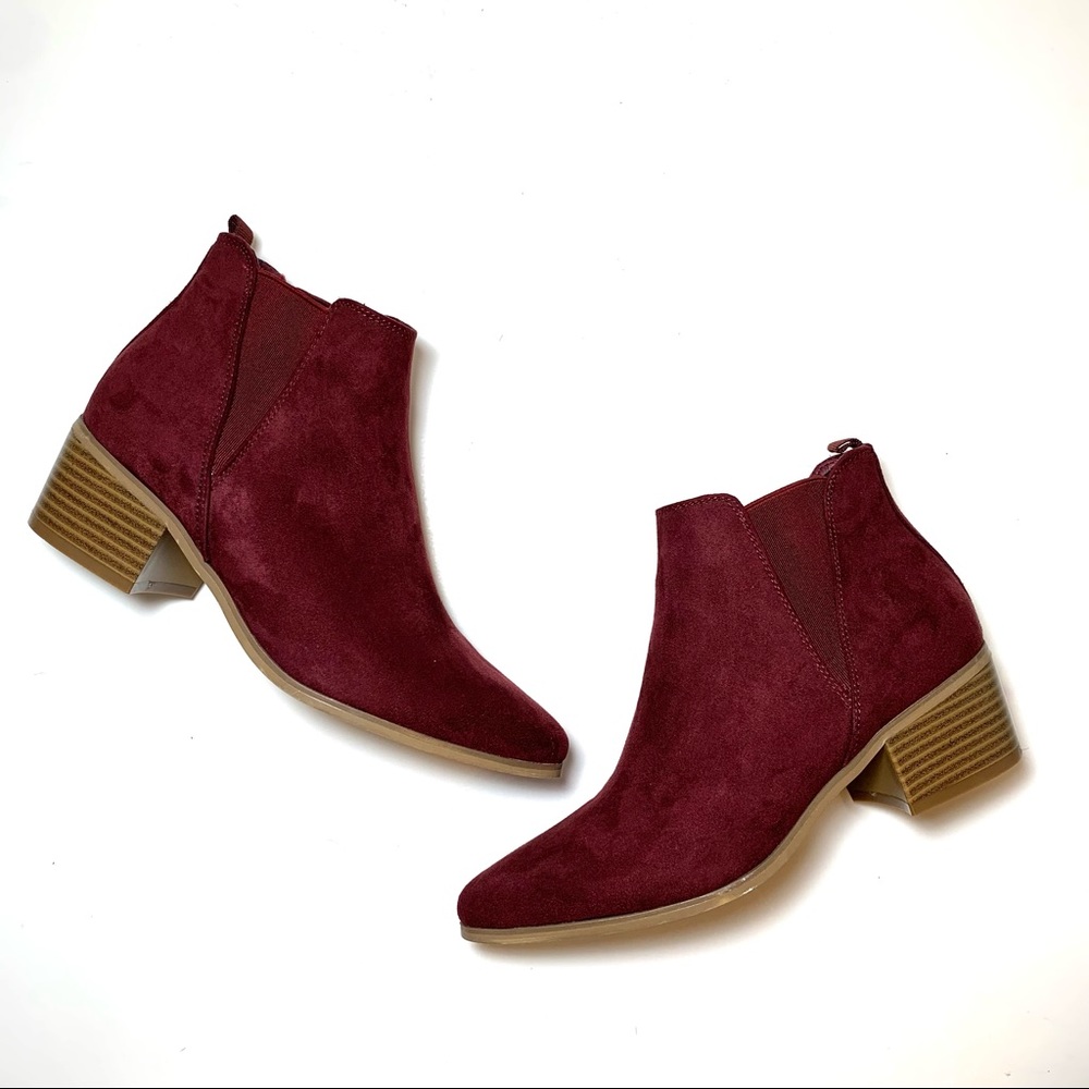 Wet Seal Burgundy Red Suede Look Chelsea Ankle Booties 2” Stack Heel Sz 6 NWT